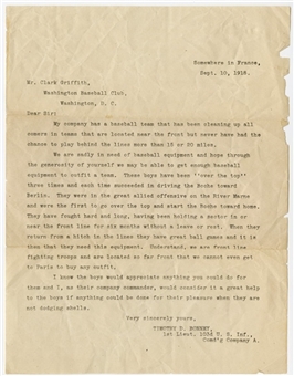 1918 Letter from Army Lieutenant to Clark Griffith Requesting Baseball Equipment During WWI
